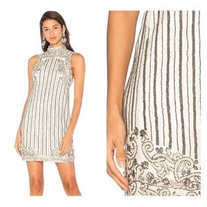 X by NBD Revolve Ivory Silver Pearl Beaded High Neck Mini Sheath Dress Small